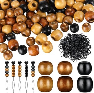Dingion 1055 Pieces Wooden Hair Beads Set - 600 Barrel Wood Beads (9x10mm, 11x12mm, Black, Coffee, Light Coffee) & 450 Black Elastic Hair Bands with 5 Quick Beaders