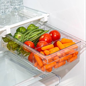 $20 BINO  Pull-out Fridge Organizer  THE HANGER COLLECTION  Fridge Drawer Organizer with 2 Dividers  Clear Pantry Drawer Organizers  Shelf Holder Storage Drawers for Fruits, Veggies & Drinks