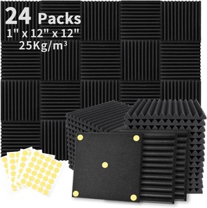 $30 Focusound 24 Pack Acoustic Foam Panels 1 x 12 x 12 Sound Proof Foam Panles Soundproofing Noise Cancelling Wedge Panels for Home Office Recoding Studio with 240PCS Double-Side Adhesive