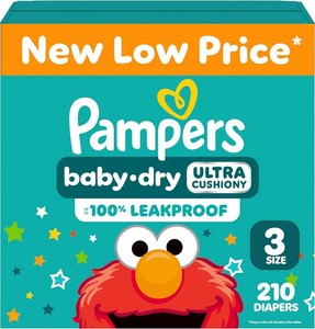 $50 Pampers Diapers - Baby Dry - Size 3, 210 Count, Absorbent Disposable Infant Diaper (Packaging May Vary)