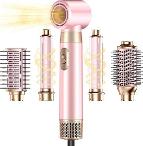 $80 5 in 1 Blow Dryer Brush Set, Upgrade Hair Dryer & Blow Dryer Brush & Air Curling Wrap & Paddle Brush, Detachable Hot Air Brush Styling Tools, High Speed Travel Hair Volumizer Straightener Curler Pink