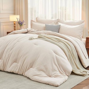 $54 MUXHOMO 7 Pieces King Comforter Set, Soft Bed in a Bag King Size, All Season Bedding Set with Comforter, Flat Sheet, Fitted Sheet, Pillowcases & Shams, Beige
