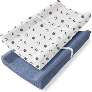 Bearmoss Changing Pad Cover, 2 Pack Muslin 100% Cotton Diaper Changing Table Covers, 32 x 16 Soft Breathable Changing Pad Sheets for Unisex Baby Girls and Boys with Strap Holes (Bluemoon)