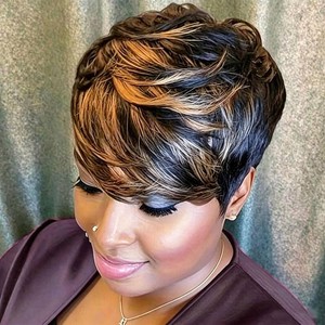 $26 Pixie Cut Wig Human Hair Short Pixie Cut Wigs for Black Women Human Hair Highlight Brown Short Straight Wigs Glueless Pixie Wig Natural Looking for Daily Wear