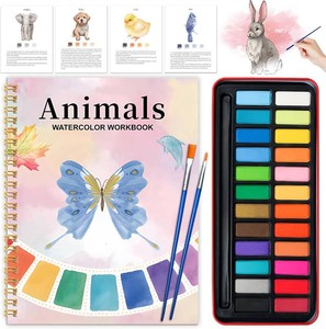 Watercolor Workbook - Coloring Book Beginner Friendly Painting Kit, Watercolor Workbooks for Adults with 24 Colors Paint, Exploration Gift for Adults Teens (Animals)