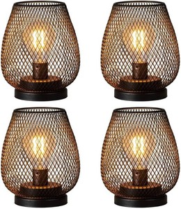 $46 NEEDOMO Battery Operated Lamp Table Powered Lantern, Set of 4 Metal Cage Cordless Lamps with LED Bulb, Vintage Decorative Outdoor Lantern for Weddings, Parties, Patio, Events for Indoor Shelf Decor Batteries Not Included