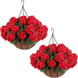 $45 Hananona 2 Set Artificial Red Geraniums Flowers for Outdoors with Hanging Baskets, 2 Hanging Planters with 12 Pcs Red Geranium Flowers for Christmas Front Porch Garden Patio Home Decor (2, Red)
