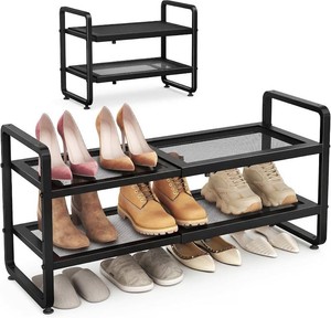 $38 SAYZH Expandable Shoe Rack for Closet, Adjustable Metal Shoe Organizer with Sturdy Mesh Shelves for Boots & Heels, Stackable Shoe Storage for Entryway, Garage, Small Spaces (Black, 2-Tier)