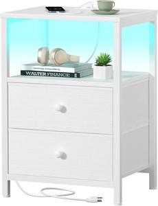 $40 BOLUO White Nightstand with Charging Station, LED Night Stand with 2 Fabric Drawers, Bedside Table with USB Ports and Outlets, Nightstand for Bedroom Modern Lights Not Working