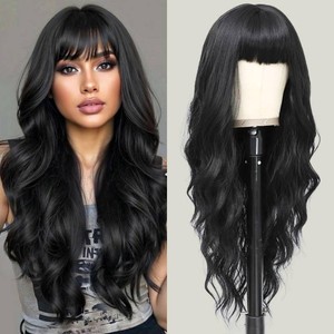 $24 Black Wig with Bangs 26 Inch Long Wavy Wigs for Women