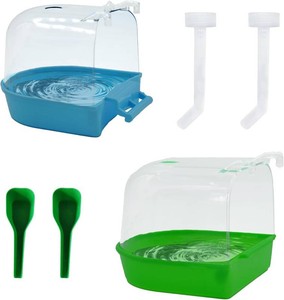 PINVNBY 2Pcs Bird Bath for Cage,Parrot Bathtub for Cage,Hanging Bird Bathing Tub with 2Pcs Water Injector and 2Pcs Feeding Spoon for Canary Budgerigar Lovebird Birds (Blue and Green)