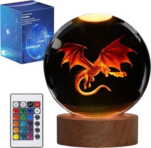 $20 Dragon Night Light, 3.15 Inch (80mm) K9 Crystal 3D Lamp with Remote 16 Color for Birthday Xmas Cool Figurines Dragon Gifts for Room Decor Boys Girls