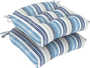 $69 DYTXIII Set of 2 Outdoor Chair Cushions 19x19x4, Water Repellent Tufted Patio Seat Cushions with Ties, Thick Replacement Pads for Wicker Dining Chairs, Patio Furniture, Stripe Layered Blue