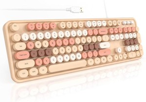 $28 Colorful Computer Keyboards Wired, USB Plug and Play Full Size Typewriter Keyboard, Cute Aesthetic Keyboard with Foldable Stands for Windows PC Laptop (Milk Tea)