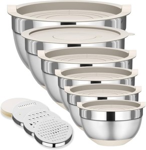 $26 Fyrnova Mixing Bowls with Lids Set, 6 Piece Stainless Steel Nesting Storage Bowls for Kitchen, with 3 Grater Attachments & Non-Slip Bottoms, Size 5.5,3.5,2.5,2.1,1.5,1.1 QT
