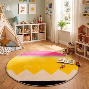 $30 Dunzy Pencil Classroom Rug 4 ft Yellow Round Classroom Carpet Back to School Pencil Playroom Decor Soft Floor Mat Non Slip Cushions for First Day End of Year Reading Corner Learning Playing Areas