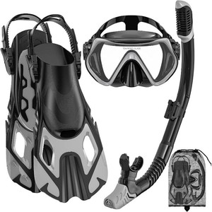 $40 Snorkeling Gear for Adults, Mask Fin Snorkel Set, Dry Top Snorkel, Snorkeling Kit Travel Diving Package, Panoramic View Anti-Fog Anti-Leak Adjustable Swim Fins (LXL)