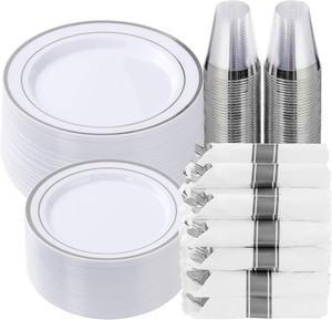 $50 Goodluck 350 Piece Silver Plastic Dinnerware Set for 50 Guests