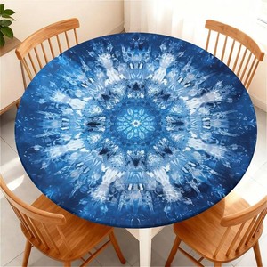 $30 Round Fitted Tablecloth with Elastic Edge, Waterproof Stain Resistant Fabric Table Cover for 61-65 Round Table, Indoor Outdoor Dining, Kitchen Decor, Camping, Party, Holiday, Blue Tie-Dye Mandala