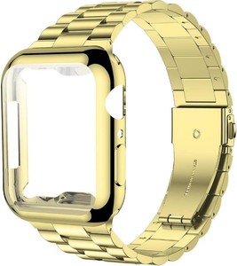 iiteeology Compatible with Apple Watch Bands 44mm Series 6 5 4 Se, Upgraded Stainless Steel Band with iWatch Screen Protector Case for Men Women GoldGold
