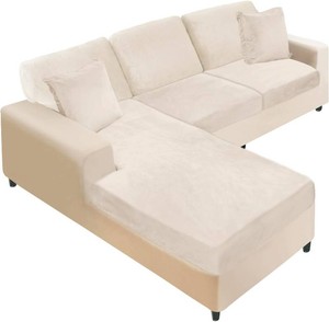 $57 NAISI Sectional Couch Covers 6 Pieces Velvet Couch Cushion Covers L Shape Soft Stretch Sofa Slipcovers with 2pcs Pillowcases for LeftRight Chaise Sectional Couch(2 Seater1 Chaise3 Back,Beige)