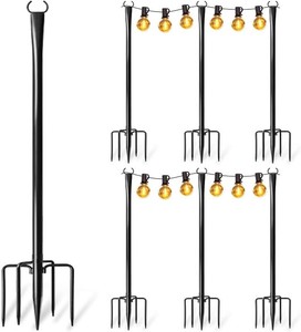 $70 6 Pack String Light Poles for Outside, Upgraded Heavy-Duty Metal Poles for Outdoor String Lights with Fork, Adjustable Lighting Hanging Accessories for Patio Decor Pergola Backyard Garden Decorations