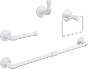 $29 4-Pieces Industrial Pipe Bathroom Towel Ring Kit DIY Wall Mount Accessories Kit Includes Robe Hook Towel Bar and Towel Ring (24 inch White)