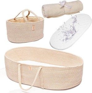 $72 Trendy Baby Changing Basket- Unisex Baby Moses Basket Set of 4 Pieces, Waterproof Pad Cover, Caddy Diaper Organizer,Cotton Blanket - Boho Basket - Nursery Decor - Bassinet Changing Table Topper