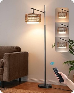$50 EDISHINE Black Rattan Floor Lamp, Farmhouse Boho Standing Lamp with Remote