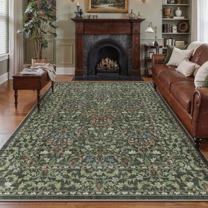 $90 Bavni 8x10 Washable Area Rug for Living Room, Vintage Floral, Olive Green