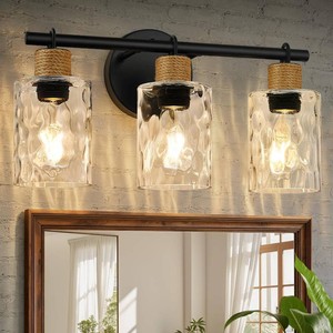 $50 MOKATNG Bathroom Light Fixtures, 3-Light Coastal Vanity Lights with Crystal Glass Shade, Black Bathroom Wall Lamp for Mirror Kitchen Hallway Cabinet