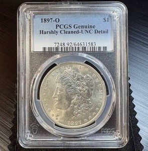 Uncirculated 1897-O Morgan Dollar, PCGS Unc Detail, Harshly Cleaned perhaps a bit harsh-See Images