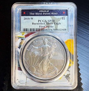Burnished 2018-W Silver Eagle, PCGS SP70, Scarce West Point Picture Frame Label, 1 of 146