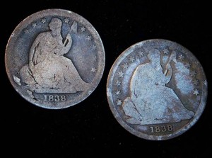 (2) 1838 Seated Dimes - Scarce Variety Small Stars wCuds  Large Star Variety, AGG