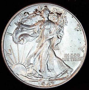 Uncirculated 1943-P Walking Liberty Half Dollar, Orig Bank Roll, Near Full Luster