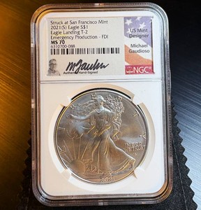 2021-S T2 Gaudioso Emergency Production First Day MS70 Silver Eagle, Top Pop