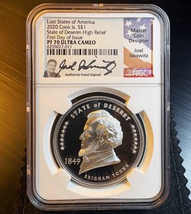 High Relief, Iskowitz Signed, 2020 Cook Islands .999 Silver State of Deseret $1, Top Pop PF70UC 1 of 120