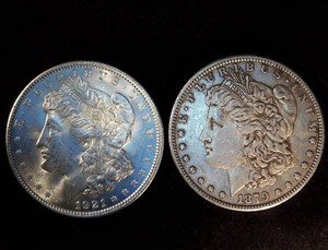 AUBU 1921 and XF 1879 Morgan Silver Dollars, Unaltered Surfaces