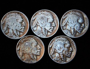 (5) Common Circulated Buffalo Nickels