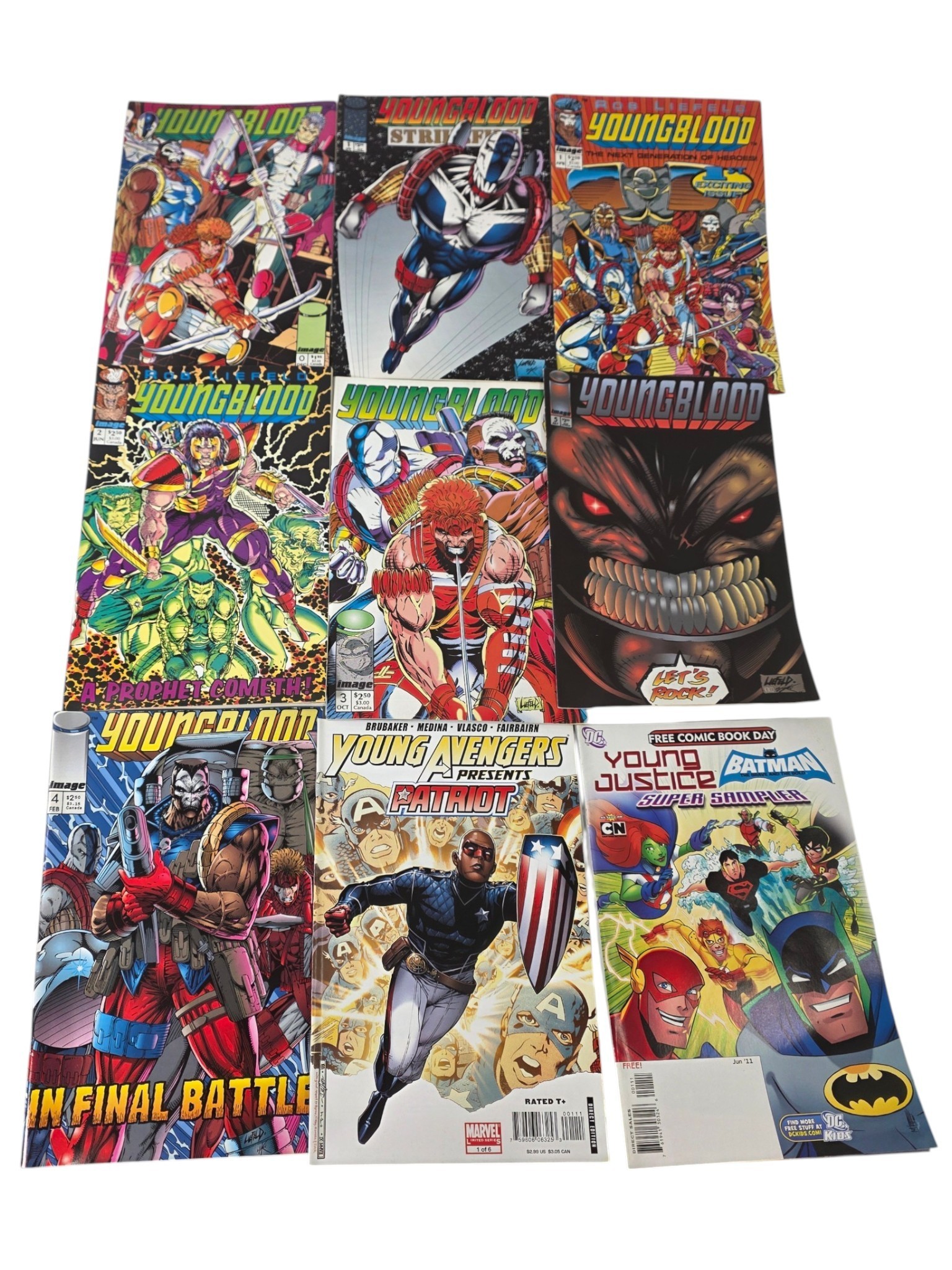 9 Comic Book Lot  Youngblood #0-5, Strikefile #1, Young Avengers Patriot & DC FCBD