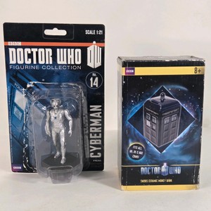 Lot of 2 Doctor Who Collectibles - Cyberman #14 Figurine & TARDIS Money Bank