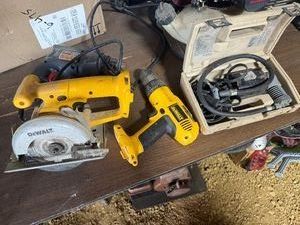Cordless Dewalt Screw Gun, Small Circular Saw, Skil 38 Drill, Car Outlet Air Compressor