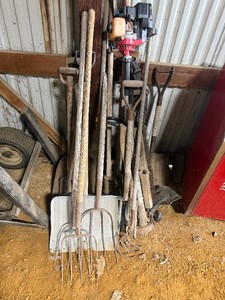 New Homeowner Starter Kit Shovels, Pitchfork, Brooms, Weed Whip, Trailer Hitch and more