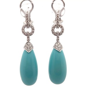 Turquoise Cabochon Briollette & Natural Diamond Dangle Earrings in 14k White Gold VIDEO