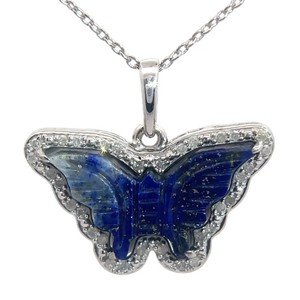 Natural Lapis Lazuli & Natural Diamond Carved Butterfly Pendant Necklace VIDEO