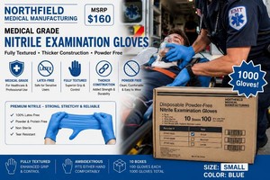 MSRP $160 1 Case (1000 gloves) NEW Northfield Medical Manufacturing Medical Grade Fully Textured Thicker Construction Blue Nitrile Examination Gloves - Size Small - Latex-Free Powder Free