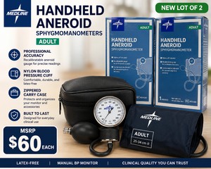 NEW Lot of 2 Medline MDS9380 Adult Handheld Aneroid Sphygmomanometers With Nylon Blood Pressure Cuffs &amp Zippered Carry Cases, Professional Manual BP Monitors, Recalibratable Precision Gauges, Latex-Free