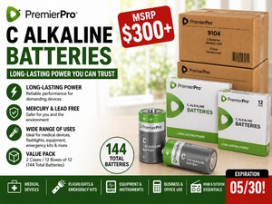 MSRP $300 NEW 144 PremierPro 9104 C Alkaline Batteries, 2 Cases  12 Boxes of 12, 1.5V LR14 Long-Life Batteries, Mercury &amp Lead Free, Medical, Business, Emergency, Flashlight &amp Equipment Use, EXP 0530