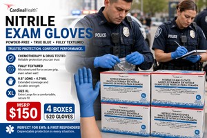 MSRP $150 - 4 Boxes (520 gloves) Cardinal Health Esteem Powder-Free Nitrile Exam Gloves 9.5 Long True Blue Fully Textured, 4.7 Mil, Size XL Chemotherapy &amp Drug Tested Microtextured for a secure grip even when wet Perfect For EMTFirst Responders
