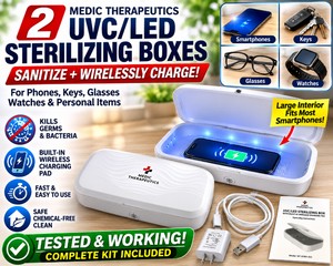 2 Medic Therapeutics MT-UVBX-001 UVCLED Sterilizing &amp Sanitizing Box With Built-In Wireless Smartphone Charging Pad, UV-C Disinfection Case for Smartphones, Keys, Glasses, Watches &amp Personal Items, Power Adapter, USB Cable &amp Manual